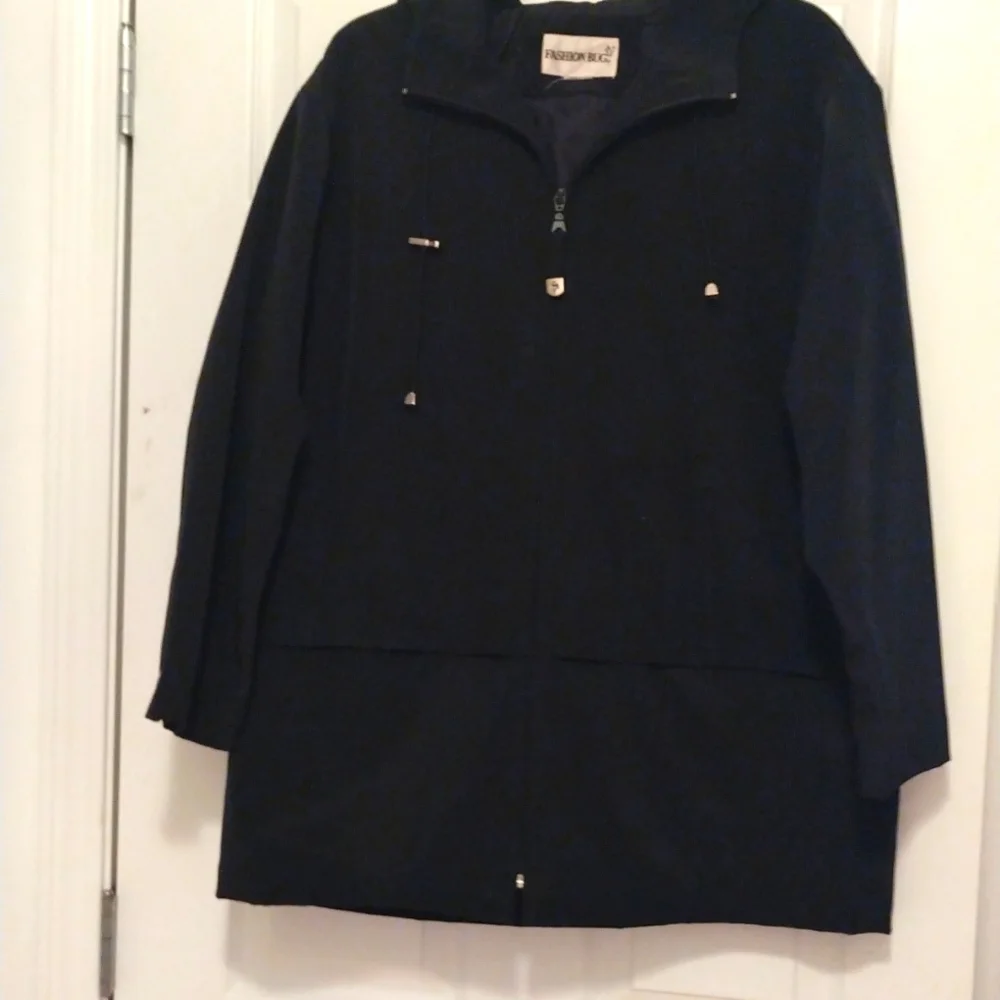 -Black water resistant flap front pockets snap cuffs hooded zip up raincoat